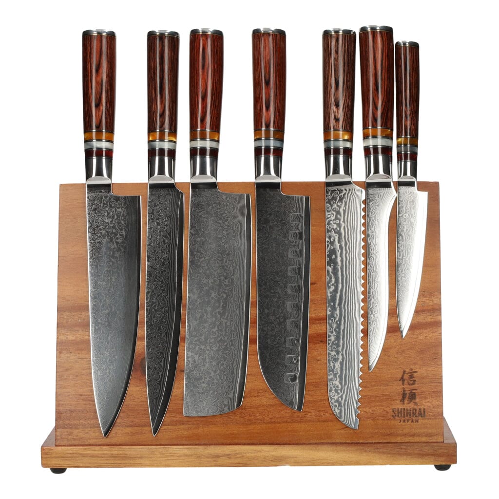 Shinrai Japan - Micarta Jewels 7-delige Damascus Messenset + Magnetisch Messenblok Enkelzijdig Messenset met blok Shinrai Japan