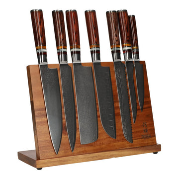 Shinrai Japan - Micarta Jewels 7-delige Damascus Messenset + Magnetisch Messenblok Enkelzijdig Messenset met blok Shinrai Japan