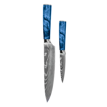 Shinrai Knives - Damascus Print Epoxy Sapphire 2-delige Messenset - Koksmes + Schilmes Messenset Shinrai Knives