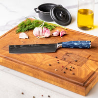 Shinrai Knives - Damascus Print Epoxy Sapphire 4-delige Messenset - Santoku + Broodmes + Nakiri + Schilmes Messenset Shinrai Knives