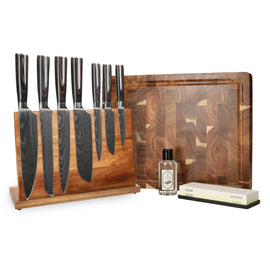 Couteaux Shinrai - Mega Bundle Damascus Print - Tout ce dont vous avez besoin Shinrai Knives - Damascus Print Mega Bundel - All you need Messenset met blok, snijplank en slijpsteen Shinrai Knives