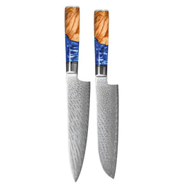 Couteaux Shinrai - Ensemble de 2 couteaux Damas époxy saphir - Couteau de chef + Couteau Santoku Shinrai Knives - Epoxy Sapphire 2-delige Damascus Messenset - Koksmes + Santoku mes Messenset Shinrai Knives