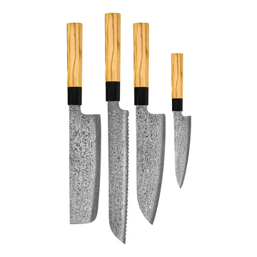 Shinrai Knives - Takumi Kaza 4-delige Damascus Messenset - Santoku + Broodmes + Nakiri + Schilmes Messenset Shinrai Knives