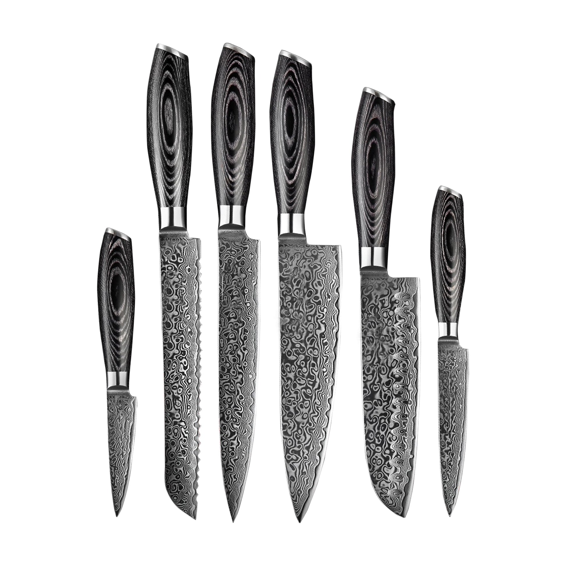 Damast Pakka Wood Series - 6-delige messenset + Acacia houder dubbelzijdig Shinrai Japan