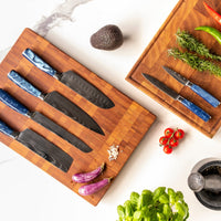 Epoxy Sapphire 6-delige Damascus Print Messenset + Acacia houder dubbelzijdig Shinrai Japan