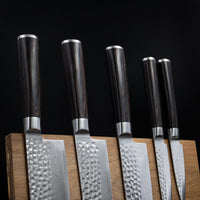Hammered Damast BR 5-delige Damascus Messenset + Acacia houder dubbelzijdig Messensets Shinrai Japan