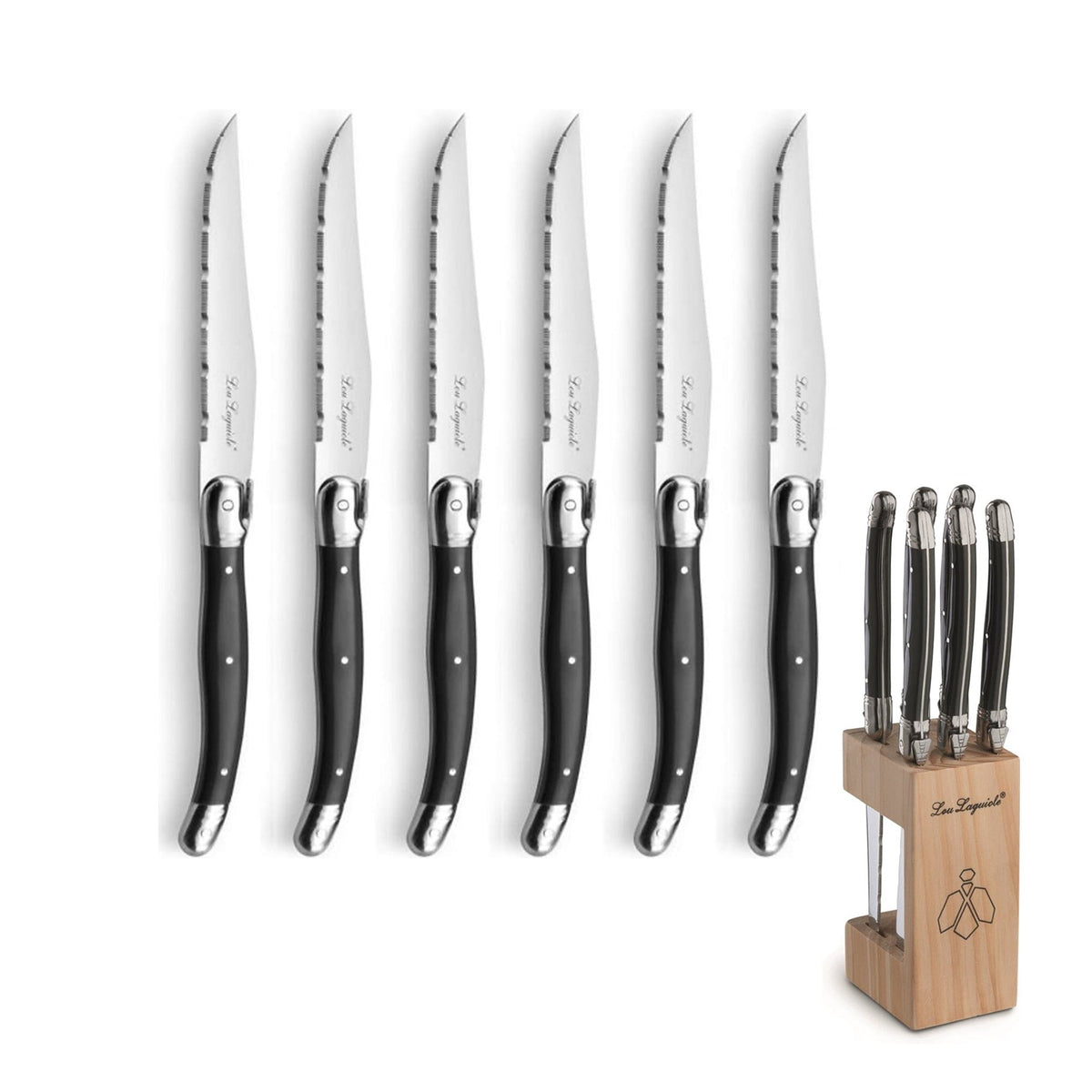 6pcs Steak Knife Set Stainless Steel Blade Knives Block Wood Lou Laguiole