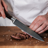 Messenset Damascus print 5 delig + Acacia Houder Enkelzijdig Keukenmessen Shinrai Japan