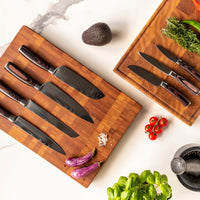 Messenset Damascus print 7-delig + Acacia Houder Dubbelzijdig Messensets Shinrai Japan