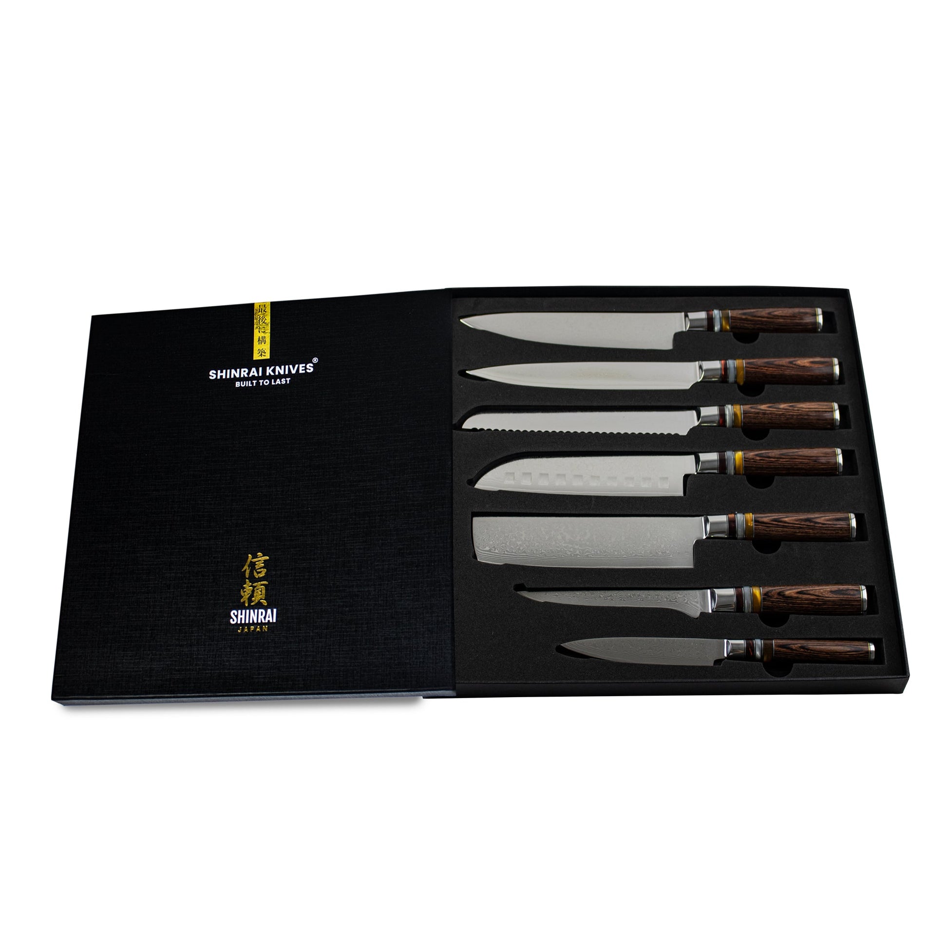 Micarta Jewels 7-delige Damascus Messenset + Acacia houder enkelzijdig Messensets Shinrai Japan