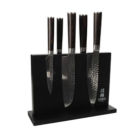 Shinrai Japan - Hammered Damask BR 5-piece Knife Set + Magnetic Knife Block Double Sided - Black