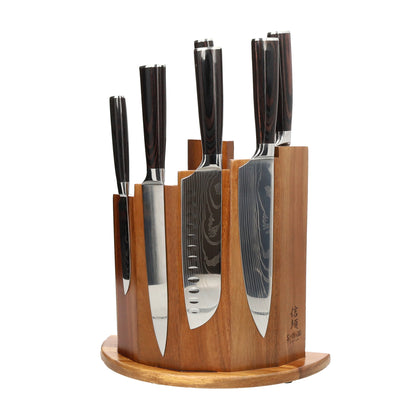 Shinrai Japan - Damascus Print 7-piece Knife Set + Magnetic Knife Block Scalae - Acacia wood