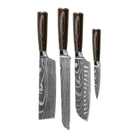 Shinrai Knives - Damascus Print 4-Piece Knife Set - Santoku + Bread Knife + Nakiri + Paring Knife