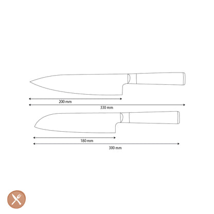 Couteaux Shinrai - Ensemble de 2 couteaux en damas martelé BR - Couteau de chef + Couteau Santoku