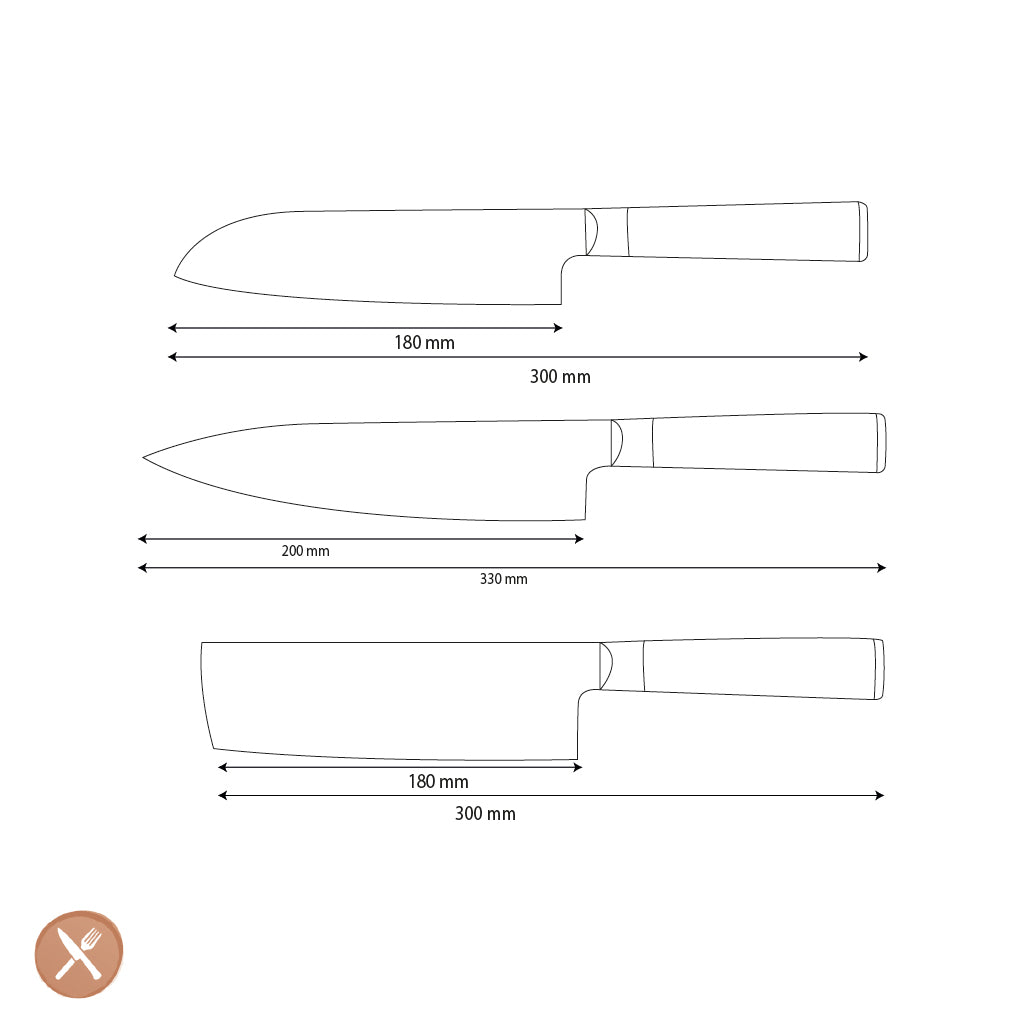 Couteaux Shinrai - Ensemble de 3 couteaux en damas martelé BR - Couteau de chef + Nakiri + Santoku