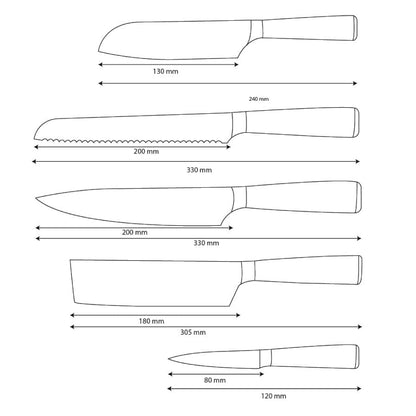 Shinrai Knives - Ensemble de 5 couteaux imprimés Damas - Couteau de chef + Couteau à pain + Nakiri + Petit Santoku + Couteau d'office