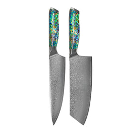Shinrai Knives - Mother of Pearl Jewels 2-Piece Damascus Knife Set - Chef's Knife + Nakiri