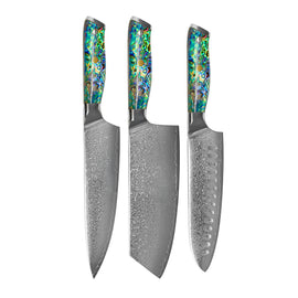 Shinrai Knives - Mother of Pearl Jewels 3-Piece Damascus Knife Set - Chef's Knife + Nakiri + Santoku