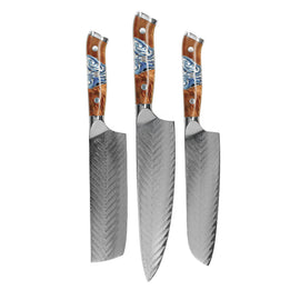Shinrai Knives - Eclipse 3-piece Damascus Knife Set - Chef's Knife + Nakiri + Santoku