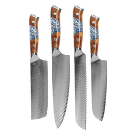Shinrai Knives - Eclipse 4-Piece Damascus Knife Set - Chef's Knife + Nakiri + Santoku + Bread Knife