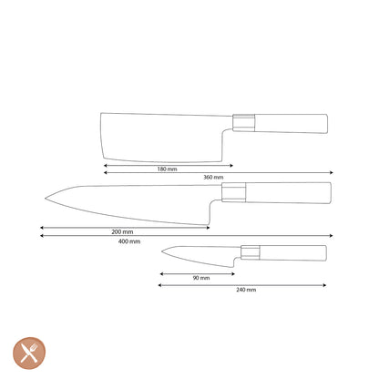 Shinrai Knives - Kurayami 3-Piece Damascus Knife Set - Chef's Knife + Nakiri + Paring Knife
