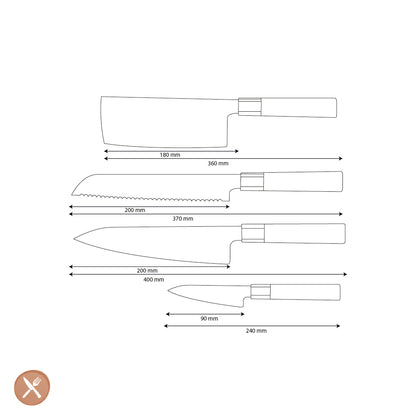 Shinrai Knives - Kurayami 4-Piece Damascus Knife Set - Chef's Knife + Bread Knife + Nakiri + Paring Knife