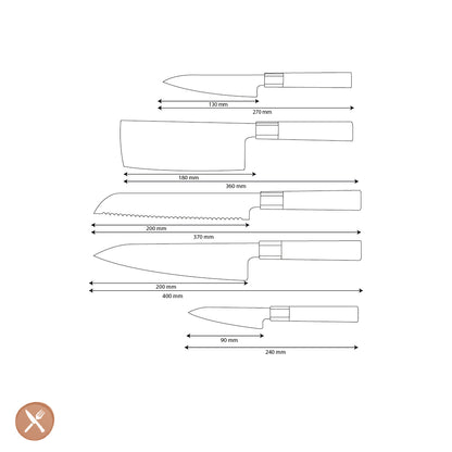 Couteaux Shinrai - Ensemble de couteaux damas Kurayami 5 pièces - Couteau de chef + Couteau à pain + Couteau Nakiri + Couteau de bureau + Couteau d&#39;office