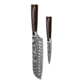 Shinrai Knives - Damascus Print 2-Piece Knife Set - Santoku + Paring Knife
