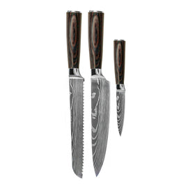 Couteaux Shinrai - Ensemble de 3 couteaux imprimés Damas - Couteau de chef + Couteau à pain + Couteau d&#39;office