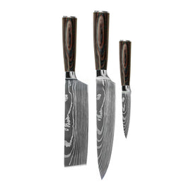 Couteaux Shinrai - Ensemble de 3 couteaux imprimés Damas - Couteau de chef + Nakiri + Couteau d&#39;office