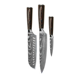 Couteaux Shinrai - Ensemble de 3 couteaux imprimés Damas - Couteau de chef + Santoku + Couteau d&#39;office