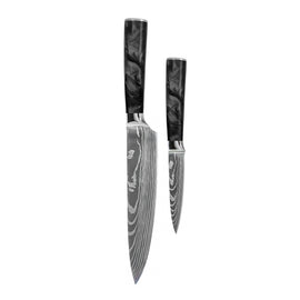 Shinrai Knives - Damascus Print Epoxy Onyx 2-Piece Knife Set - Chef's Knife + Paring Knife
