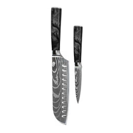 Shinrai Knives - Damascus Print Epoxy Onyx 2-piece Knife Set - Santoku + Paring Knife