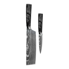 Shinrai Knives - Damascus Print Epoxy Onyx 2-piece Knife Set - Nakiri + Paring Knife