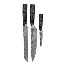 Shinrai Knives - Damascus Print Epoxy Onyx 3-Piece Knife Set - Chef's Knife + Bread Knife + Paring Knife