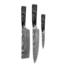 Shinrai Knives - Damascus Print Epoxy Onyx 3-Piece Knife Set - Chef's Knife + Nakiri + Paring Knife