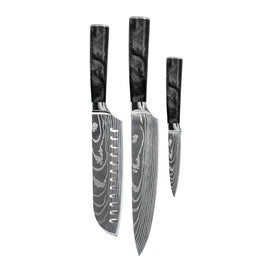 Shinrai Knives - Damascus Print Epoxy Onyx 3-Piece Knife Set - Chef's Knife + Santoku + Paring Knife