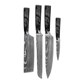 Shinrai Knives - Damascus Print Epoxy Onyx 4-Piece Knife Set - Chef's Knife + Bread Knife + Nakiri + Paring Knife