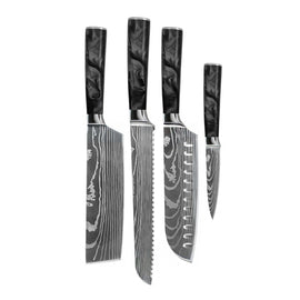 Shinrai Knives - Damascus Print Epoxy Onyx 4-piece Knife Set - Santoku + Bread Knife + Nakiri + Paring Knife