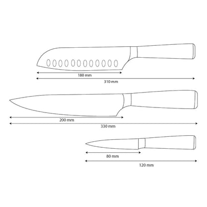 Shinrai Knives - Ensemble de 3 couteaux imprimés Damas - Couteau de chef + Santoku + Couteau d'office
