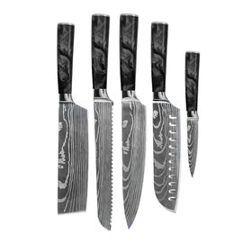 Shinrai Knives - Damascus Print Epoxy Onyx 5-piece Knife Set - Chef's Knife + Bread Knife + Nakiri + Santoku + Paring Knife