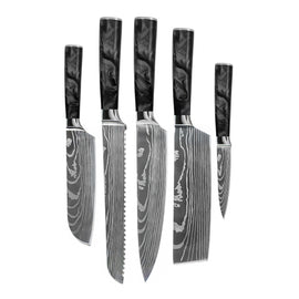 Shinrai Knives - Damascus Print Epoxy Onyx 5-piece Knife Set - Chef's Knife + Bread Knife + Nakiri + Small Santoku + Paring Knife