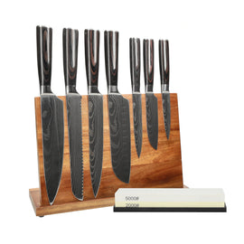 Shinrai Knives - Damascus Print 7-Piece Knife Set + Knife Block + Sharpening Stone