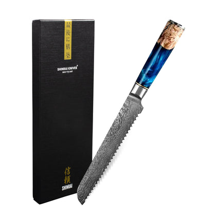 Shinrai Knives - Epoxy Sapphire Damascus Bread Knife 20 cm
