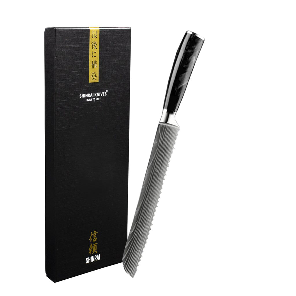 Shinrai Knives - Damascus Print Epoxy Onyx Bread Knife 20 cm