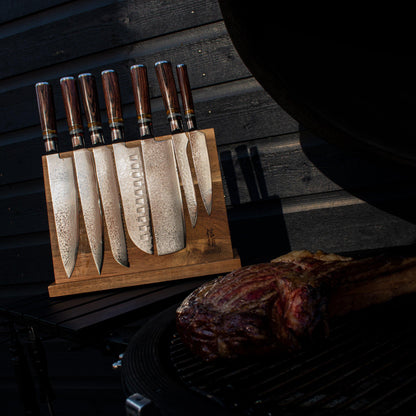 Micarta Jewels Ensemble de couteaux Damas 7 pièces + support en acacia simple face
