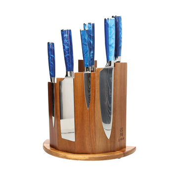 Shinrai Knives - Epoxy Sapphire Damascus Print 6-piece Knife Set + Magnetic Knife Block Scalae - Acacia wood
