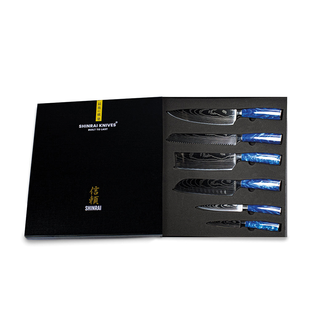 Shinrai Knives - Epoxy Sapphire Damascus Print 6-piece Knife Set + Magnetic Knife Block Scalae - Acacia wood