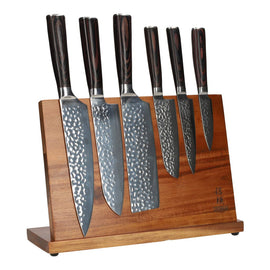 Hammered stainless steel 6-piece Knife set + Acacia holder single sided