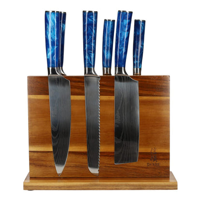 Shinrai Japan - Ensemble de couteaux 6 pièces Epoxy Sapphire Damascus Print + support en acacia double face